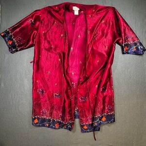 VTG Inner Most Women Satin Floral Robe Kimono Medium Burgundy Embroidered Belted